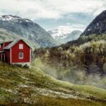 Wooden,Cottage,In,The,Valley.,Flowers.,Stone,Snowy,Mountains.,Stalheim,